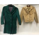 Two 1970's suede leather jackets, one is a mid-length emerald green lined jacket and the other is