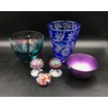 A selection of glassware to include a Millefiori paperweight and a pair of Millefiori door knobs,