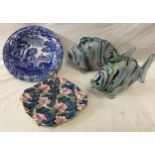 Two Murano coloured fish, approx 26cms l, Copeland Spode Italian bowl, 245cms w. Royal Winton cake