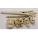 19thC Chinese ivory masks, bone glove stretchers etc.Condition ReportOne mask with break to horn,