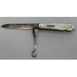 A mother of pearl and silver fruit knife/ button hook in suede pouch Sheffield 1900/1901 maker C.