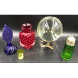 Five various glass items to include a mid century red glass vase 14.5cms, a small yellow Mary