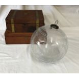 A large hanging etched glass ball 25.5cms d x 32cms h and two wooden boxes with brass inlay and