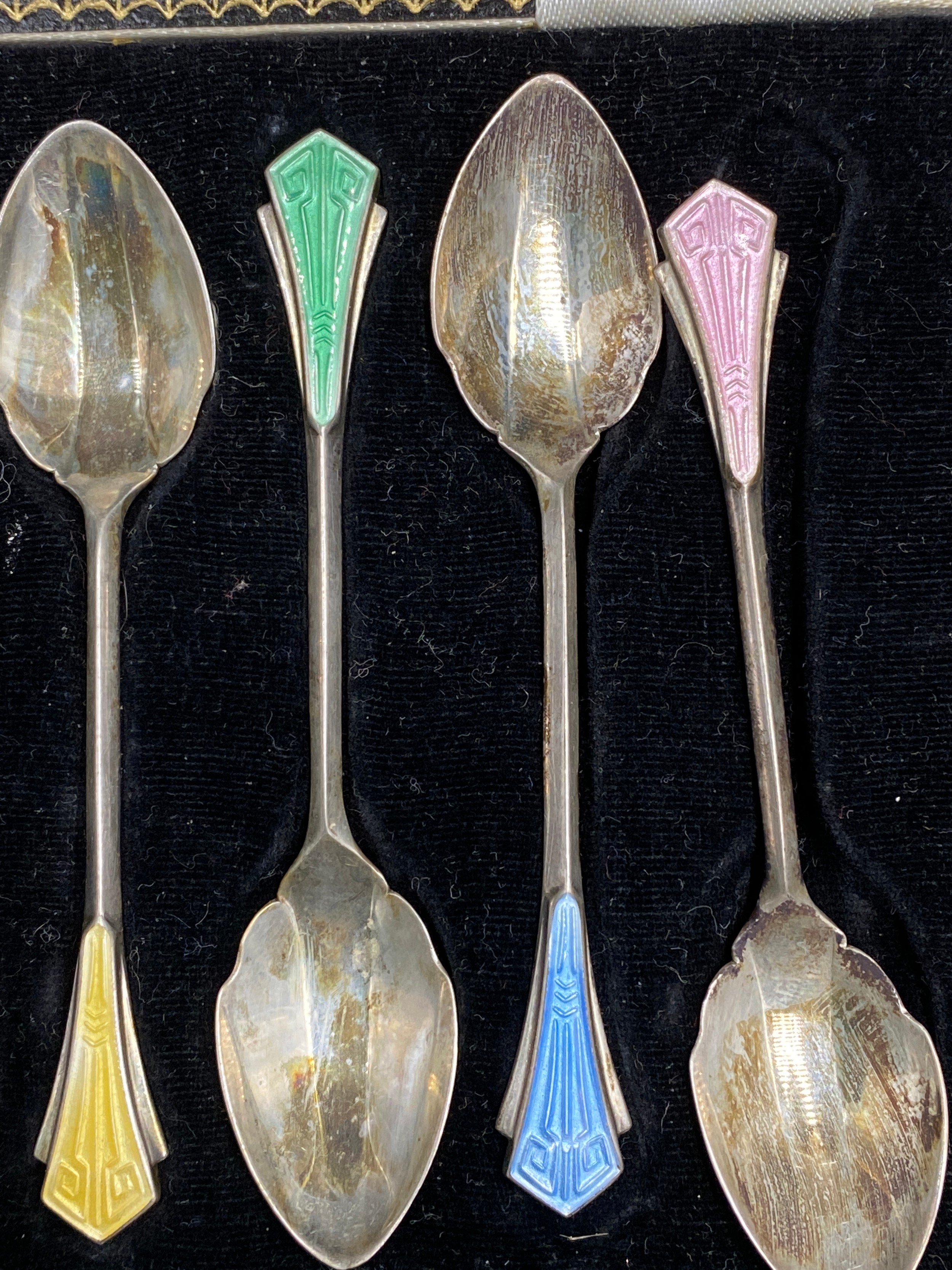 Cased silver and enamel coffee spoons Birmingham 1955 maker Henry Clifford Davis. Total spoon weight - Image 5 of 8