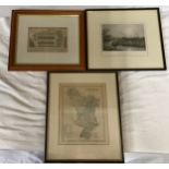 A selection of 3 pictures to include a map of Derbyshire, a etching of Huddersfield and the Plan