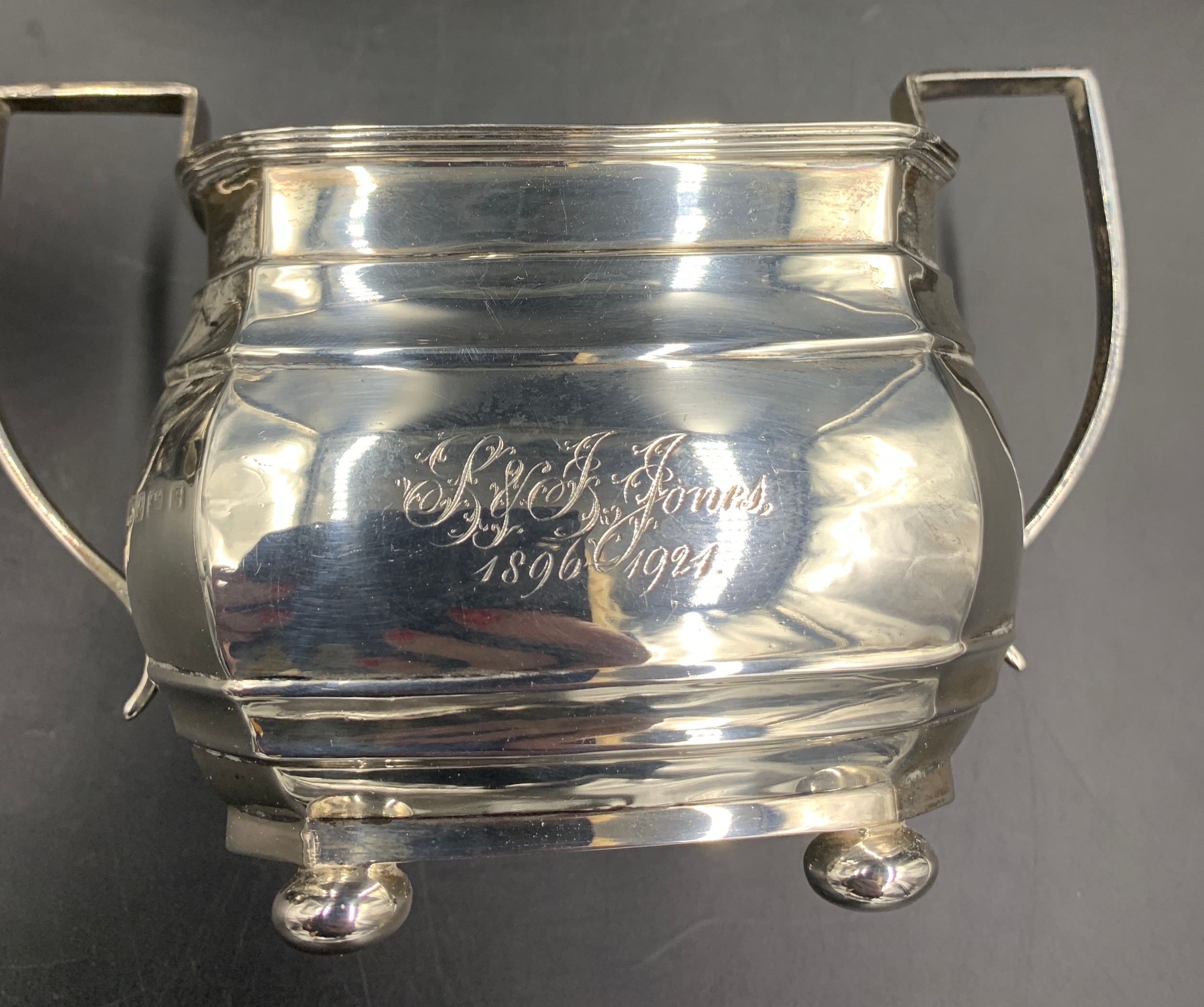 Three piece silver tea service inscribed to front. Birmingham 1915, 1917 maker George Nathan and - Image 2 of 3