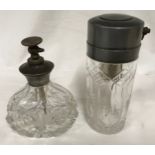 Two cut glass atomiser scent bottles, one sterling silver topped 11.5cms h and one pewter push