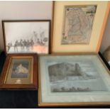 Various prints to include a Baxter print in rosewood frame, a map of Lincolnshire and a