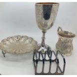 Victorian silver goblet 17cms h, Sheffield 1879, pierced dish, Birmingham 1913, toast rack,