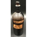 A brown glass apothecary bottle with stopper and label Sweet Spirit of Nitre and dispensing label