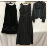 A selection of vintage clothing to include a long velvet shirt with trim to bottom by Shubette, a