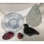 Glassware, three Wedgwood glass paperweights, large bird 13cms h, small bird (unmarked) 6cms h, pink