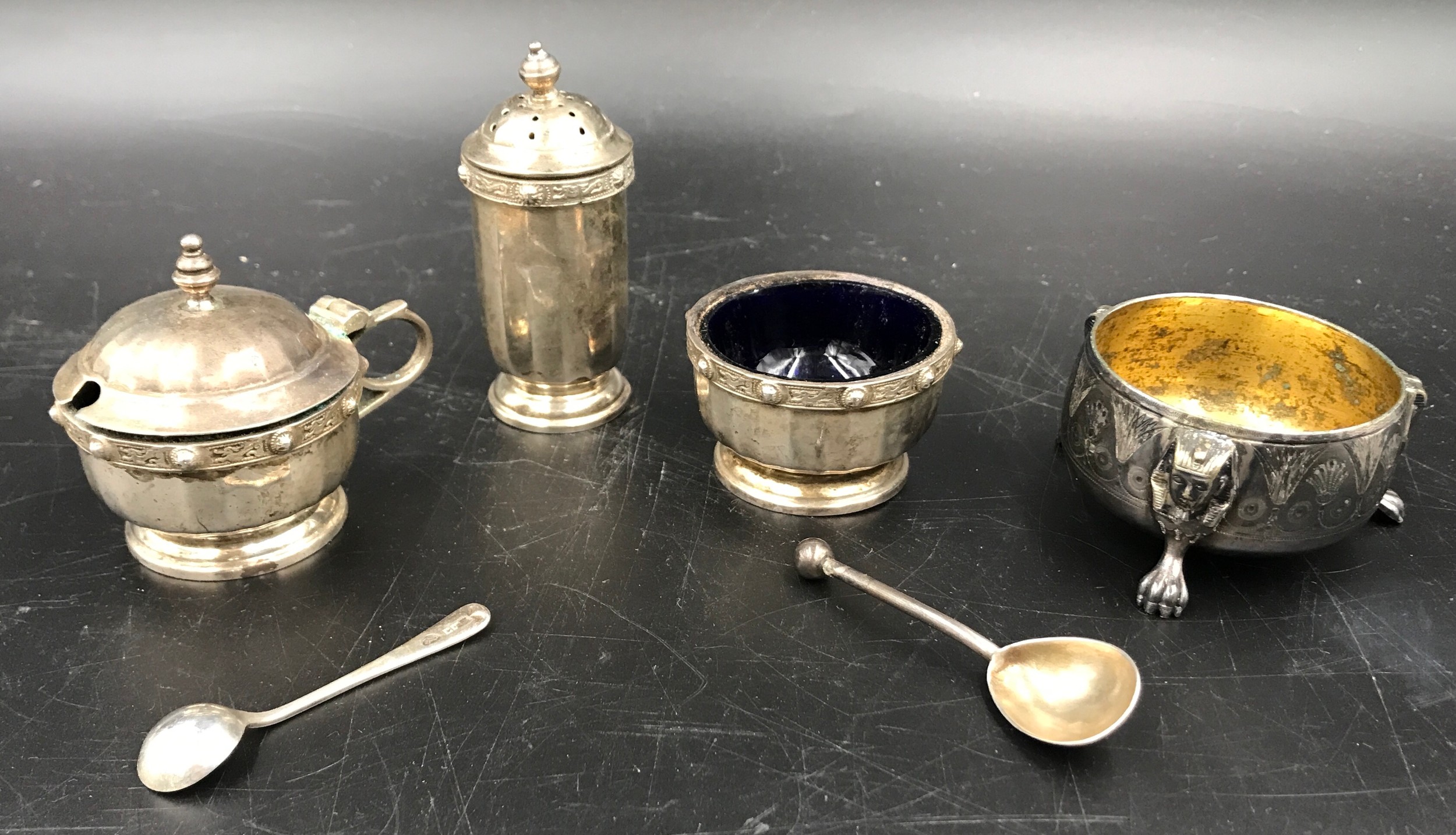 Hallmarked silver condiment set Walker and Hall, Birmingham 1967 and a Elkington and Co silver plate