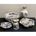 Mason's Sapphire pattern to include jug, vase and three bowls. Vase 25cms h, jug 12cms, large bowl