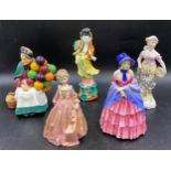 Five figurines to include Royal Doulton The Old Balloon Seller H.N. 1315 20cms h, A Victorian Lady