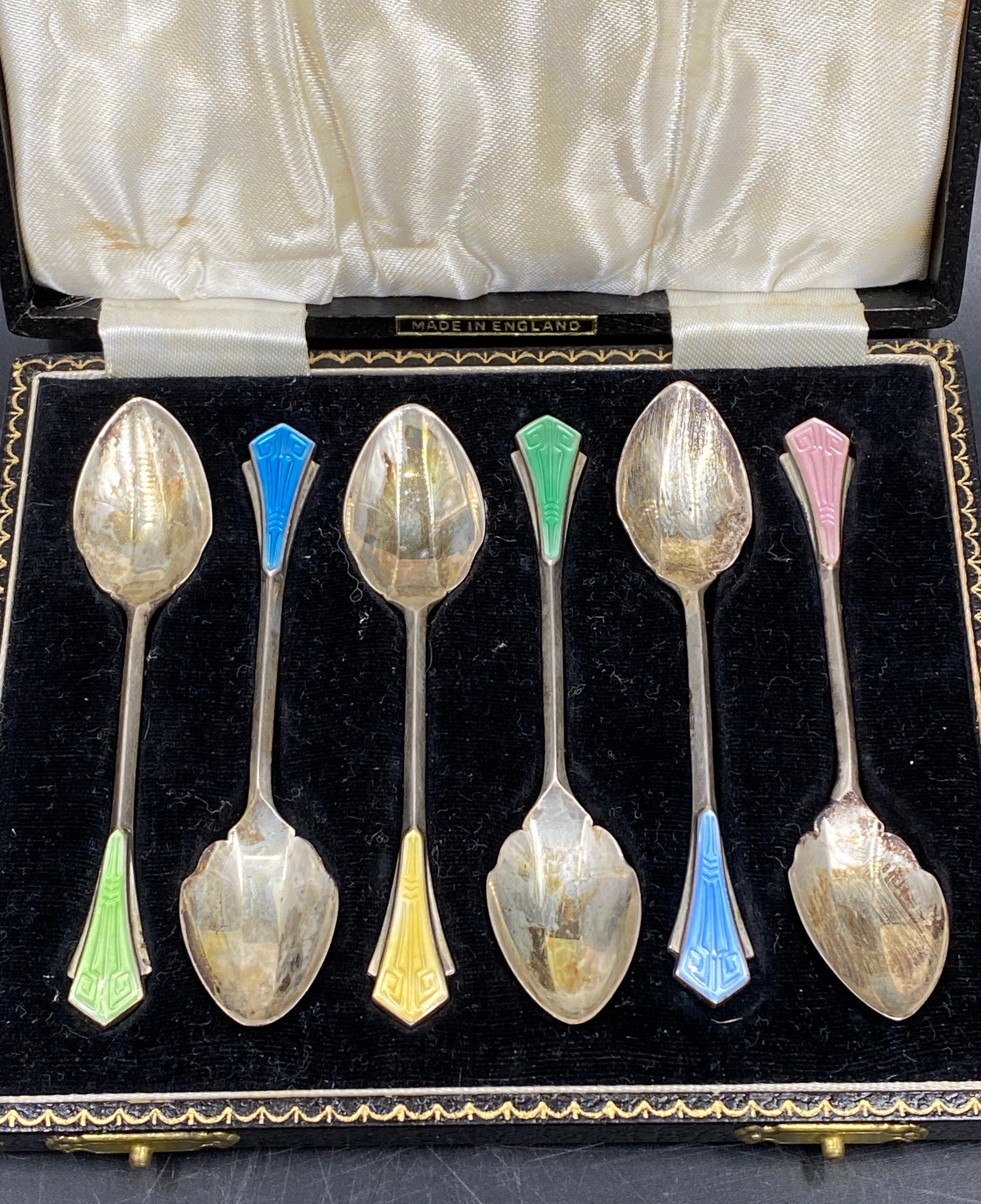 Cased silver and enamel coffee spoons Birmingham 1955 maker Henry Clifford Davis. Total spoon weight - Image 2 of 8