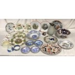 A selection of Victorian pottery decorative plates including Minton, blue and white pottery Spode