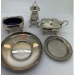 Hallmarked silver cruet set with blue glass liners, Birmingham 1962, pin tray, Sheffield 1973 and