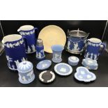 Wedgewood jasper ware collection: silver plated biscuit barrel 17cm, 2 large jugs 19cm, small jug,