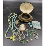 Vintage jewellery to include two turquoise bead necklaces, hallmarked silver clover brooch with gree