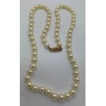 A single strand cultured pearl necklace with a 9ct gold clasp.
