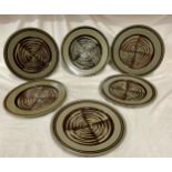 A collection of 6 David Lloyd Jones studio pottery dinner plates 29.5cms d with brown circular swirl