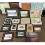 Fifteen assorted framed prints, various subjects to include Wigan Pier, Wells Cathedral, York