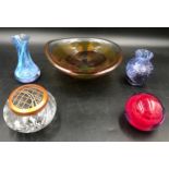 Five pieces of Caithness glass to include Crucible paperweight, 2 blue vases 12.5cms and 9.5cms h, a