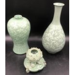 Korean green Celadon pottery to include a tall bottle vase 36cms h, bulbous vase 28cms h both