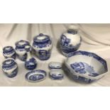 Spode Italian blue and white ware to include lidded jars 22cms, 19cms, 2 x 14cmsh, tall vase 26cms