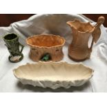 Sylvac pottery selection, brown jug with Heron handle, 26cms h and planter with pixie, 11cms h,
