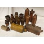 A collection of stoneware jars and bottles and 4 stoneware bed warmers. Tallest bottle Rotterdam