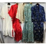 A collection of 5 Chinese dressing gowns and jackets to include a white gown with red embroidered