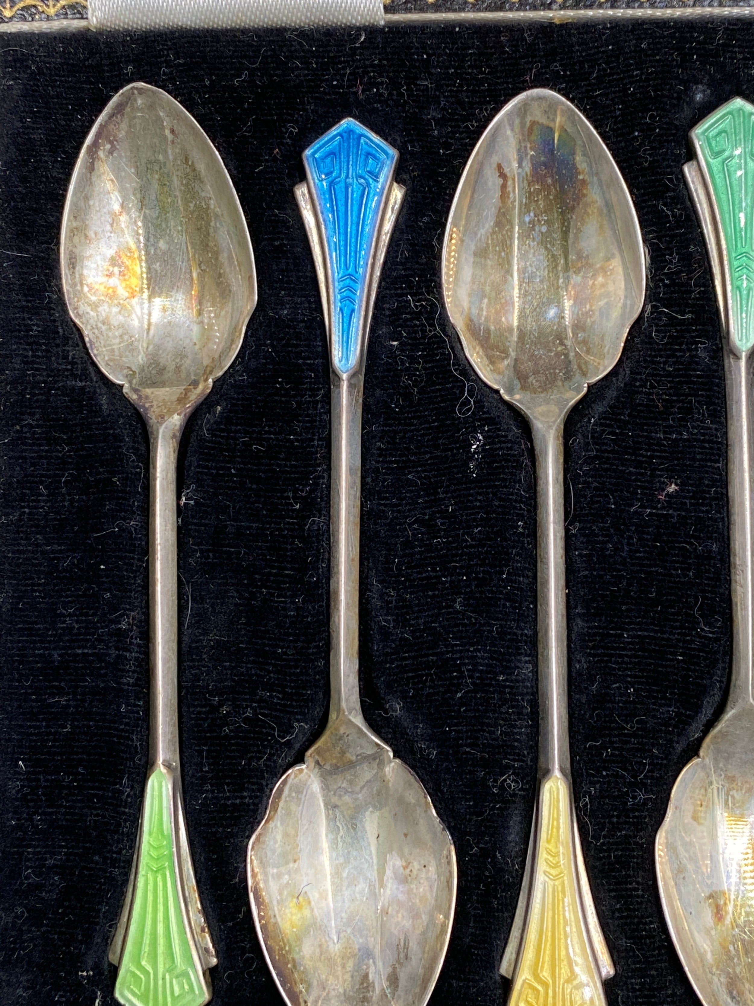 Cased silver and enamel coffee spoons Birmingham 1955 maker Henry Clifford Davis. Total spoon weight - Image 4 of 8