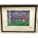 Football print of Euro 2000 'Perfect Finish' by P Cornwell 84/600. Print size 46cms h x 64.5cms w.