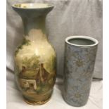 A Victorian large hand painted vase, 65cms h painted with cottage scene and ruin Abbey together with