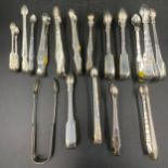 A collection of 15 good quality silver sugar tongs to include: Stephen Adams London 1793 14cms,