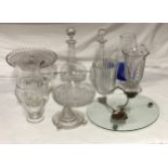 A collection of glass to include a etched grape vine design jug 20cms h, 3 x vase, cake stand,