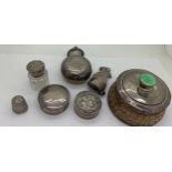 Silver to include scent bottle case, Birmingham 1912, lidded pots, thimble etc, various dates and