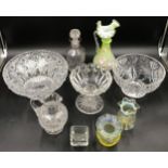 A selection of glass to include 2 x yellow Vaseline vases tallest 10.5cms h, a two layered Victorian