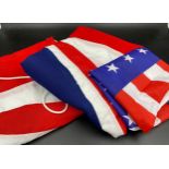 2 x sewn polyester Union Jack flags 114cms w x 229cms l and a printed American flag 91cms w x 152cms