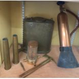A copper fire extinguisher, 2 shell cases, brass back pack water carrier, brass /wood fireman's