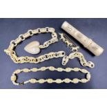 Miscellany to include Victorian ivory heart necklace, bone container, plastic beads & brooch,