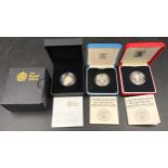 Royal Mint silver proof coins : 2009 UK Shield of the Royal Arms £1 coin and two silver £1 coins,