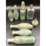 Green glass mineral and aerated water bottles by Hull makers, Hays, Stoakes, R Drinkall, 2 x