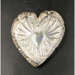 A late Victorian heart shaped dish, London 1894 WC measures 9.5cms w x 10cms h. 40gms.Condition