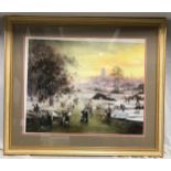 A framed print by Braaq of Winter town scene with skaters on a frozen lake. Print size 46 x 57cms.