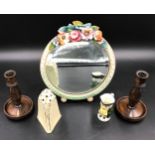 A circular floral framed Barbola mirror 22cms w x 26cms h together with a sifter 12.5cms h, small