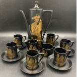 Phoenix pattern Portmeirion coffee service by John Cuffley, 6 cups/saucers, coffee pot, milk and