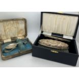 Boxed silver brush & comb together with a boxed baby spoon & pusher, inscribed to spoon and pusher.